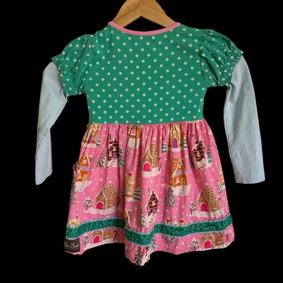 Matilda Jane girls size 4 Christmas Village Dress Pink Green Holiday Gingerbread - Picture 2 of 5